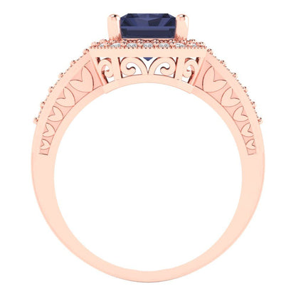 2.78 cttw Simulated Blue Sapphire Hidden Halo Engagement Ring - Solid Gold (Emerald Cut,8.5x6.5mm)