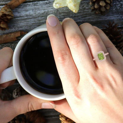2.78 cttw Natural Peridot Hidden Halo Engagement Ring - Solid Rose Gold (VVS1, Emerald Cut,8.5x6.5mm)