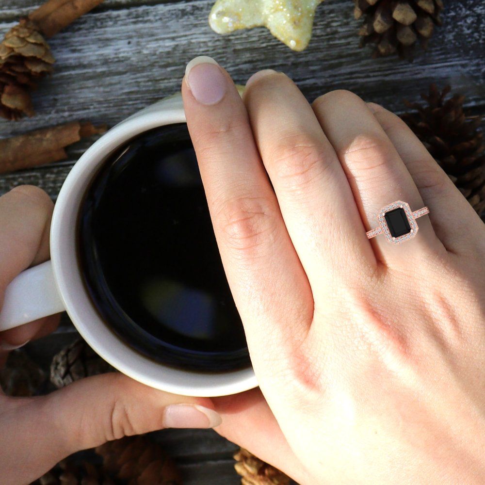 2.78 cttw Natural Onyx Hidden Halo Engagement Ring - Solid Rose Gold (VVS1, Emerald Cut,8.5x6.5mm)
