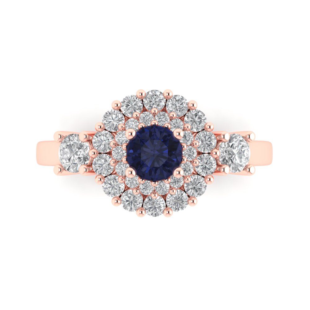 1.4 cttw Simulated Blue Sapphire Hidden Halo Engagement Ring - Solid Rose Gold (VVS1, Round Cut,5.0mm)