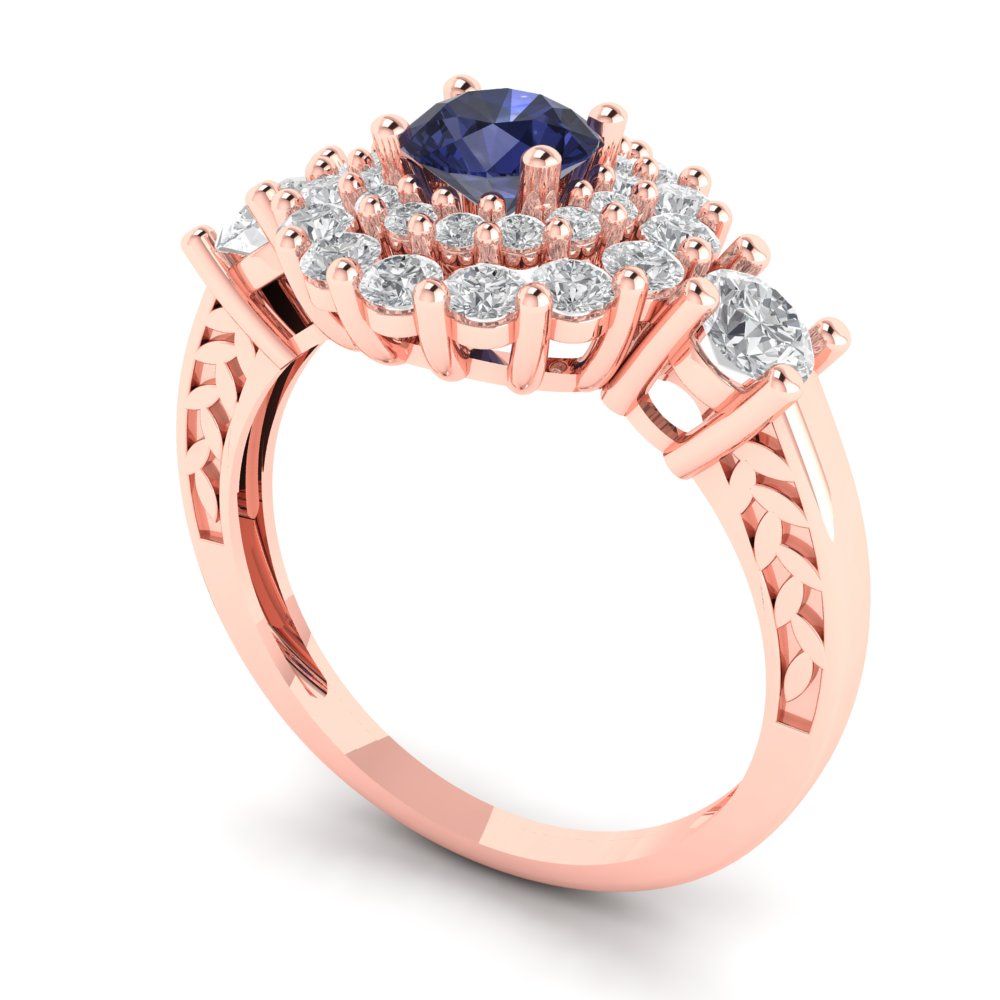 1.4 cttw Simulated Blue Sapphire Hidden Halo Engagement Ring - Solid Rose Gold (VVS1, Round Cut,5.0mm)