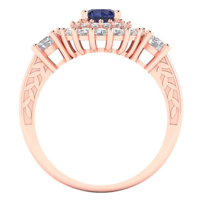 1.4 cttw Simulated Blue Sapphire Hidden Halo Engagement Ring - Solid Rose Gold (VVS1, Round Cut,5.0mm)