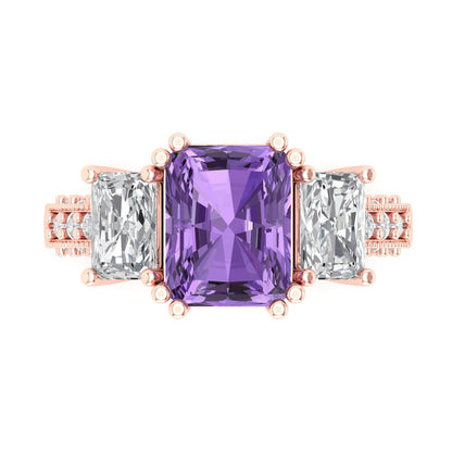 4.27 cttw Simulated Alexandrite Three-Stone Engagement Ring - Solid Gold (Emerald Cut,9x7mm)