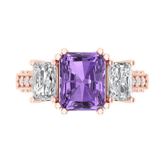 4.27 cttw Simulated Alexandrite Three-Stone Engagement Ring - Solid Rose Gold (VVS1, Emerald Cut,9x7mm)