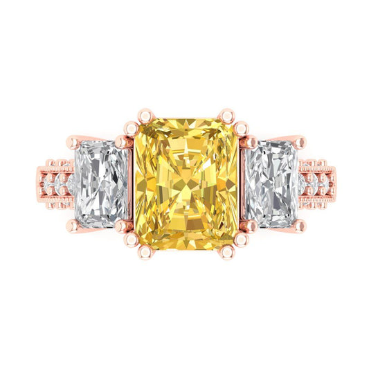 4.27 cttw Natural Citrine Three-Stone Engagement Ring - Solid Rose Gold (VVS1, Emerald Cut,9x7mm)