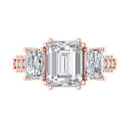 4.27 cttw Zirconia Simulated Diamond Three-Stone Engagement Ring - Solid Gold (VVS1, Emerald Cut,9x7mm)