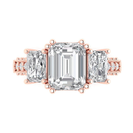 4.27 cttw Zirconia Simulated Diamond Three-Stone Engagement Ring - Solid Rose Gold (VVS1, Emerald Cut,9x7mm)