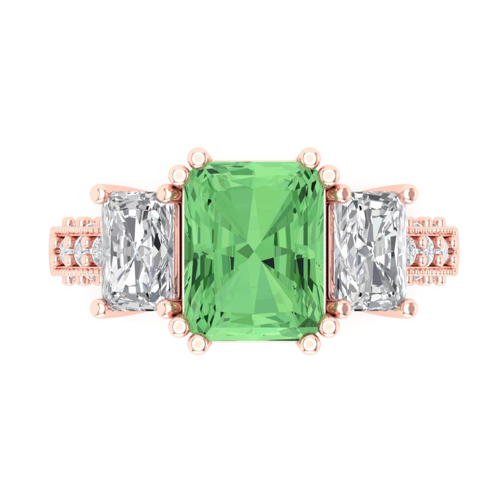 4.27 cttw Zirconia Simulated Green Diamond Three-Stone Engagement Ring - Solid Gold (VVS1, Emerald Cut,9x7mm)