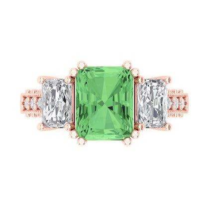4.27 cttw Zirconia Simulated Green Diamond Three-Stone Engagement Ring - Solid Gold (VVS1, Emerald Cut,9x7mm)