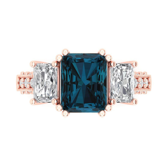 4.27 cttw Natural London Blue Topaz Three-Stone Engagement Ring - Solid Rose Gold (VVS1, Emerald Cut,9x7mm)