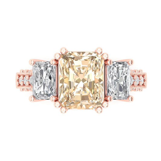 4.27 cttw Natural Morganite Three-Stone Engagement Ring - Solid Rose Gold (VVS1, Emerald Cut,9x7mm)