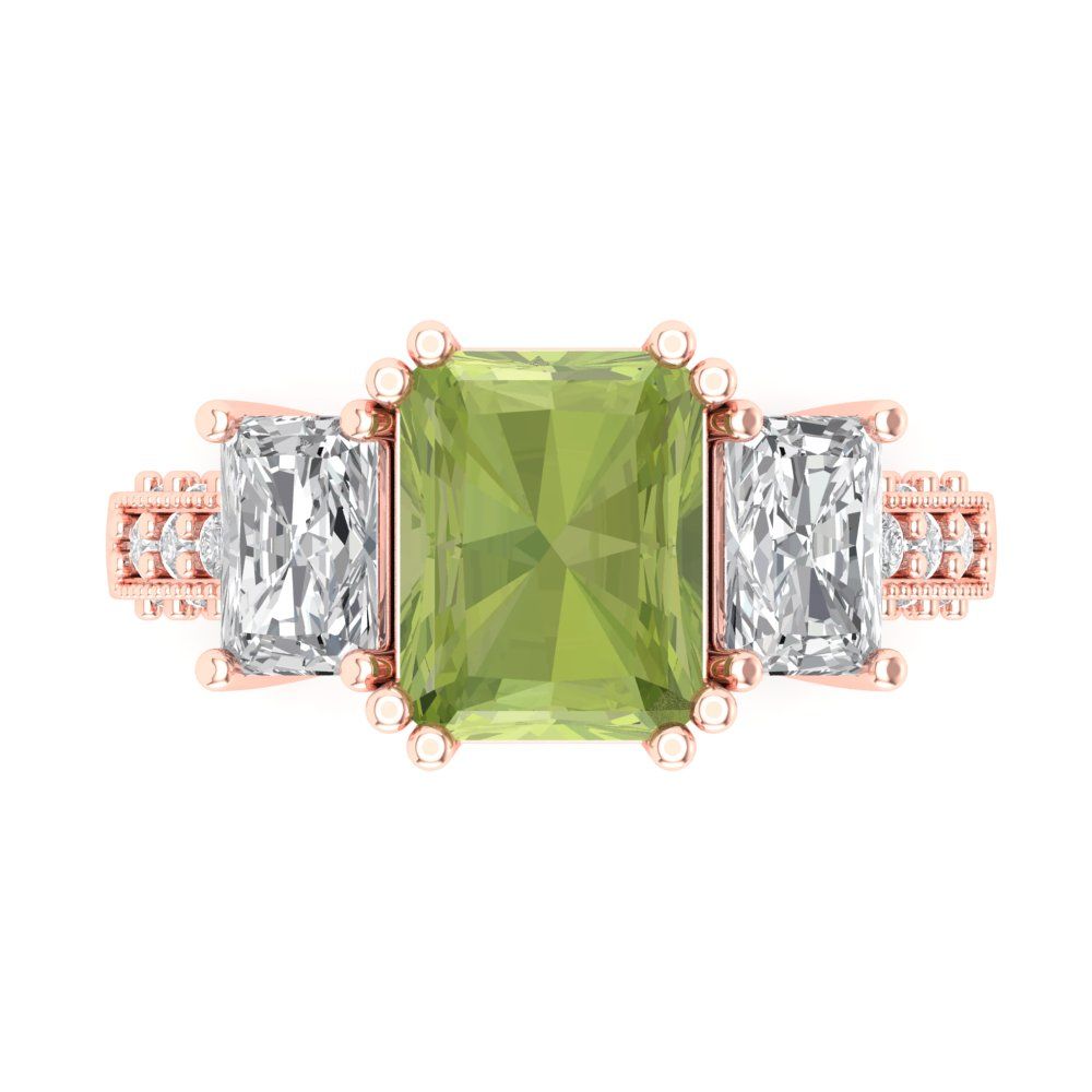 4.27 cttw Natural Peridot Three-Stone Engagement Ring - Solid Gold (Emerald Cut,9x7mm)
