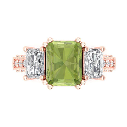 4.27 cttw Natural Peridot Three-Stone Engagement Ring - Solid Gold (Emerald Cut,9x7mm)