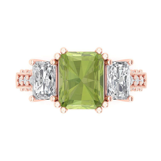 4.27 cttw Natural Peridot Three-Stone Engagement Ring - Solid Rose Gold (VVS1, Emerald Cut,9x7mm)