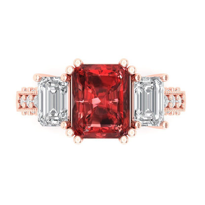 4.27 cttw Natural Garnet Three-Stone Engagement Ring - Solid Gold (Emerald Cut,9x7mm)