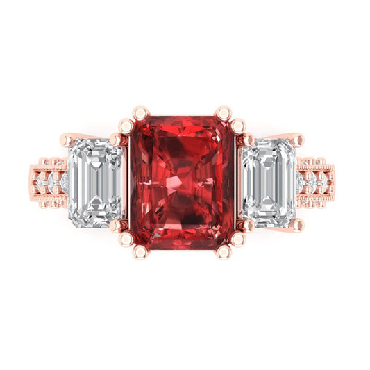 4.27 cttw Natural Garnet Three-Stone Engagement Ring - Solid Rose Gold (VVS1, Emerald Cut,9x7mm)
