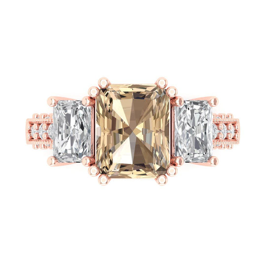 4.27 cttw Yellow Moissanite Three-Stone Engagement Ring - Solid Rose Gold (VVS1, Emerald Cut,9x7mm)