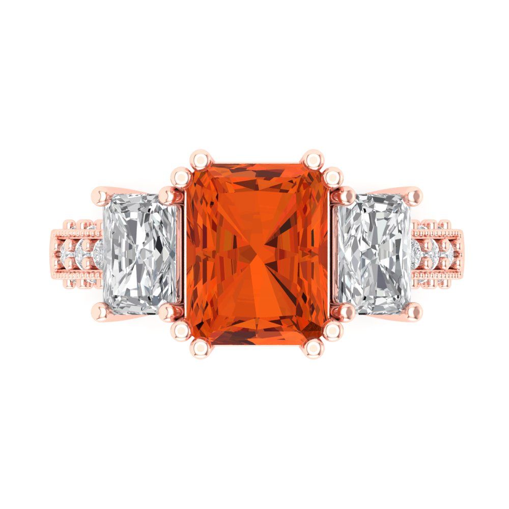 4.27 cttw Zirconia Simulated Red Diamond Three-Stone Engagement Ring - Solid Gold (VVS1, Emerald Cut,9x7mm)