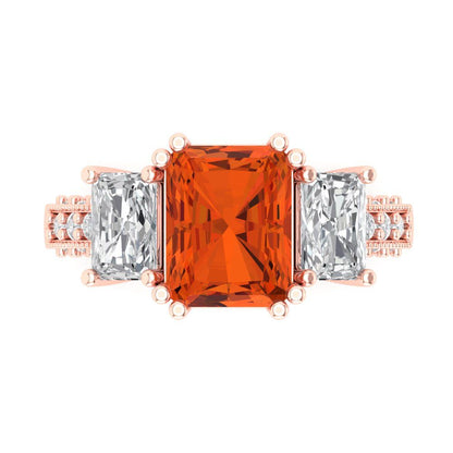 4.27 cttw Zirconia Simulated Red Diamond Three-Stone Engagement Ring - Solid Gold (VVS1, Emerald Cut,9x7mm)