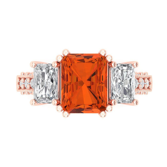 4.27 cttw Zirconia Simulated Red Diamond Three-Stone Engagement Ring - Solid Rose Gold (VVS1, Emerald Cut,9x7mm)