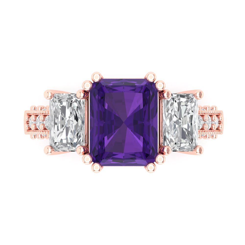 4.27 cttw Natural Amethyst Three-Stone Engagement Ring - Solid Gold (Emerald Cut,9x7mm)