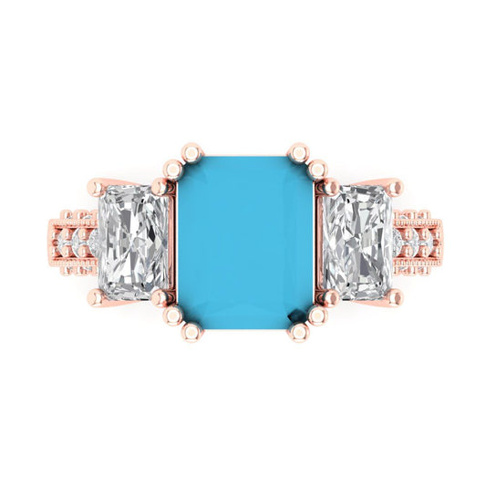 4.27 cttw Simulated Turquoise Three-Stone Engagement Ring - Solid Rose Gold (VVS1, Emerald Cut,9x7mm)