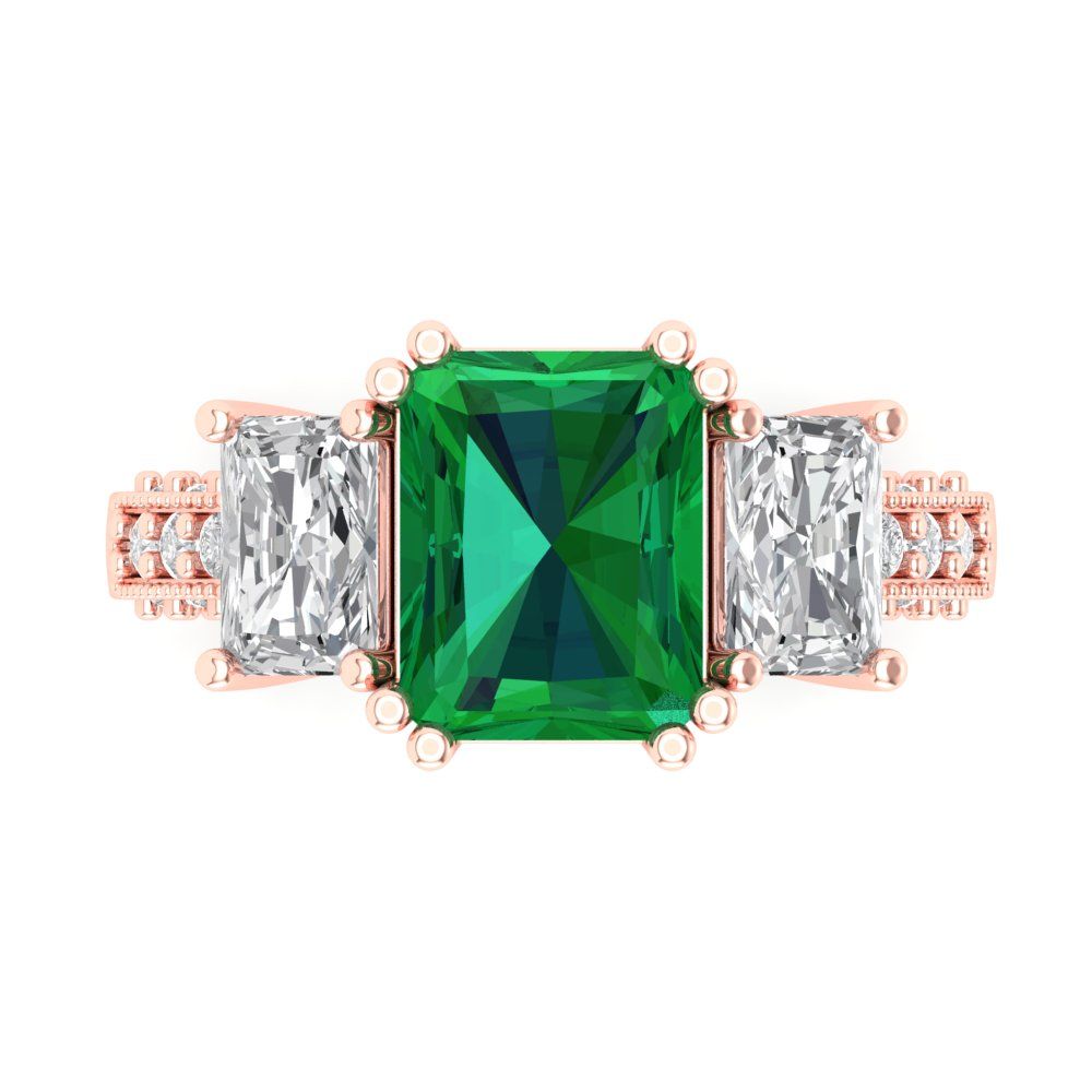 4.27 cttw Simulated Emerald Three-Stone Engagement Ring - Solid Gold (Emerald Cut,9x7mm)