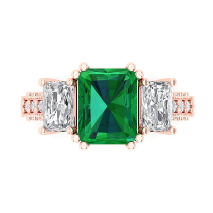 4.27 cttw Simulated Emerald Three-Stone Engagement Ring - Solid Gold (Emerald Cut,9x7mm)