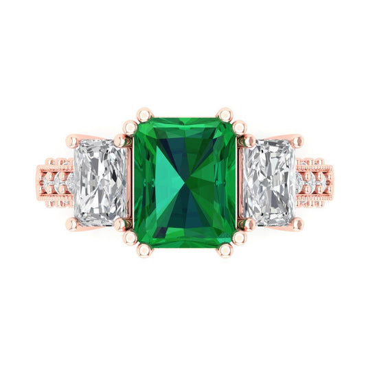 4.27 cttw Simulated Emerald Three-Stone Engagement Ring - Solid Rose Gold (VVS1, Emerald Cut,9x7mm)