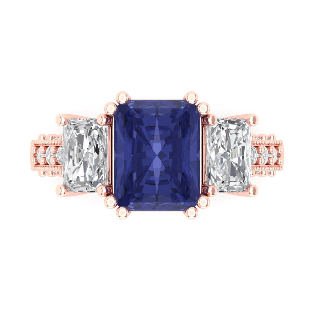 4.27 cttw Simulated Tanzanite Three-Stone Engagement Ring - Solid Gold (Emerald Cut,9x7mm)