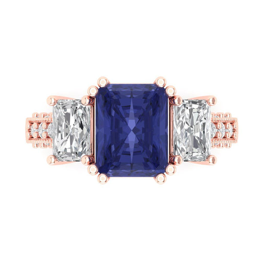 4.27 cttw Simulated Tanzanite Three-Stone Engagement Ring - Solid Rose Gold (VVS1, Emerald Cut,9x7mm)
