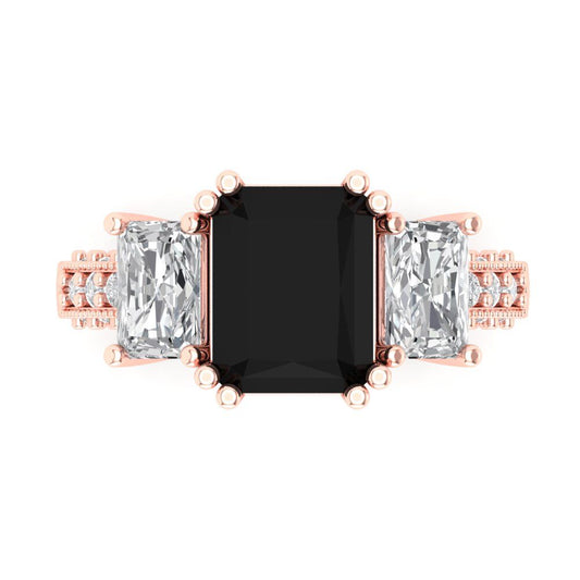 4.27 cttw Natural Onyx Three-Stone Engagement Ring - Solid Rose Gold (VVS1, Emerald Cut,9x7mm)