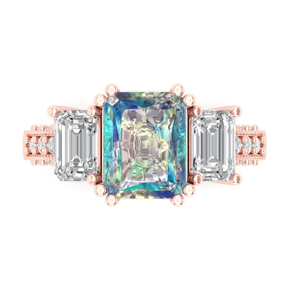 4.27 cttw Blue Moissanite Three-Stone Engagement Ring - Solid Gold (Emerald Cut,9x7mm)