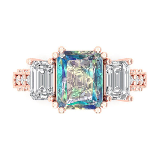 4.27 cttw Blue Moissanite Three-Stone Engagement Ring - Solid Rose Gold (VVS1, Emerald Cut,9x7mm)