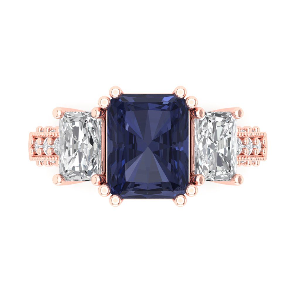 4.27 cttw Simulated Blue Sapphire Three-Stone Engagement Ring - Solid Gold (Emerald Cut,9x7mm)