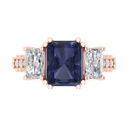 4.27 cttw Simulated Blue Sapphire Three-Stone Engagement Ring - Solid Rose Gold (VVS1, Emerald Cut,9x7mm)