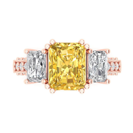 4.27 cttw Zirconia Simulated Yellow Diamond Three-Stone Engagement Ring - Solid Rose Gold (VVS1, Emerald Cut,9x7mm)
