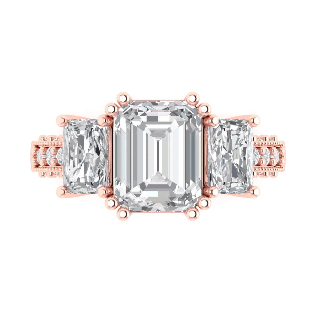 4.27 cttw Certified Moissanite Three-Stone Engagement Ring - Solid Gold (VVS1, D-F,Emerald Cut,9x7mm)