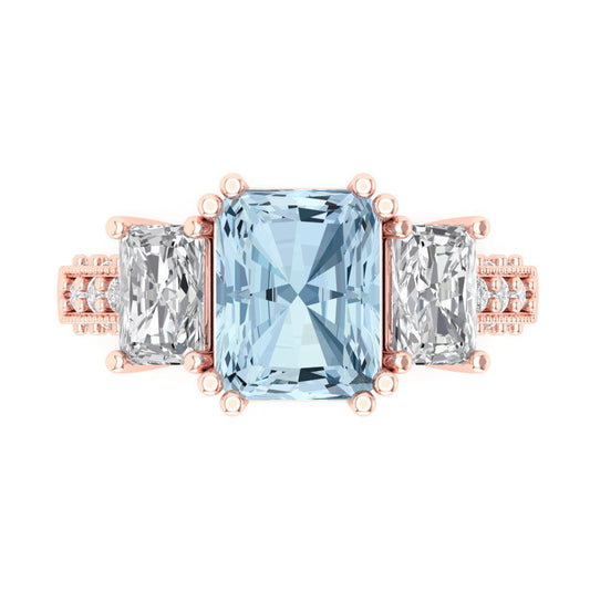 4.27 cttw Natural Sky Blue Topaz Three-Stone Engagement Ring - Solid Rose Gold (VVS1, Emerald Cut,9x7mm)