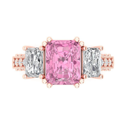 4.27 cttw Zirconia Simulated Pink Diamond Three-Stone Engagement Ring - Solid Gold (VVS1, Emerald Cut,9x7mm)