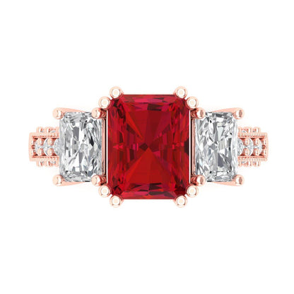 4.27 cttw Simulated Ruby Three-Stone Engagement Ring - Solid Gold (Emerald Cut,9x7mm)