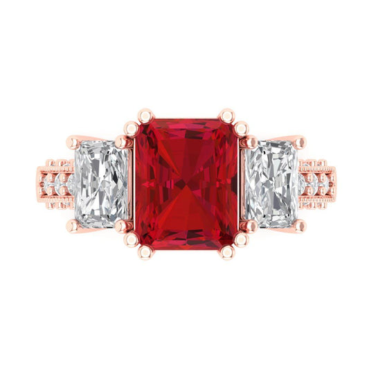 4.27 cttw Simulated Ruby Three-Stone Engagement Ring - Solid Rose Gold (VVS1, Emerald Cut,9x7mm)