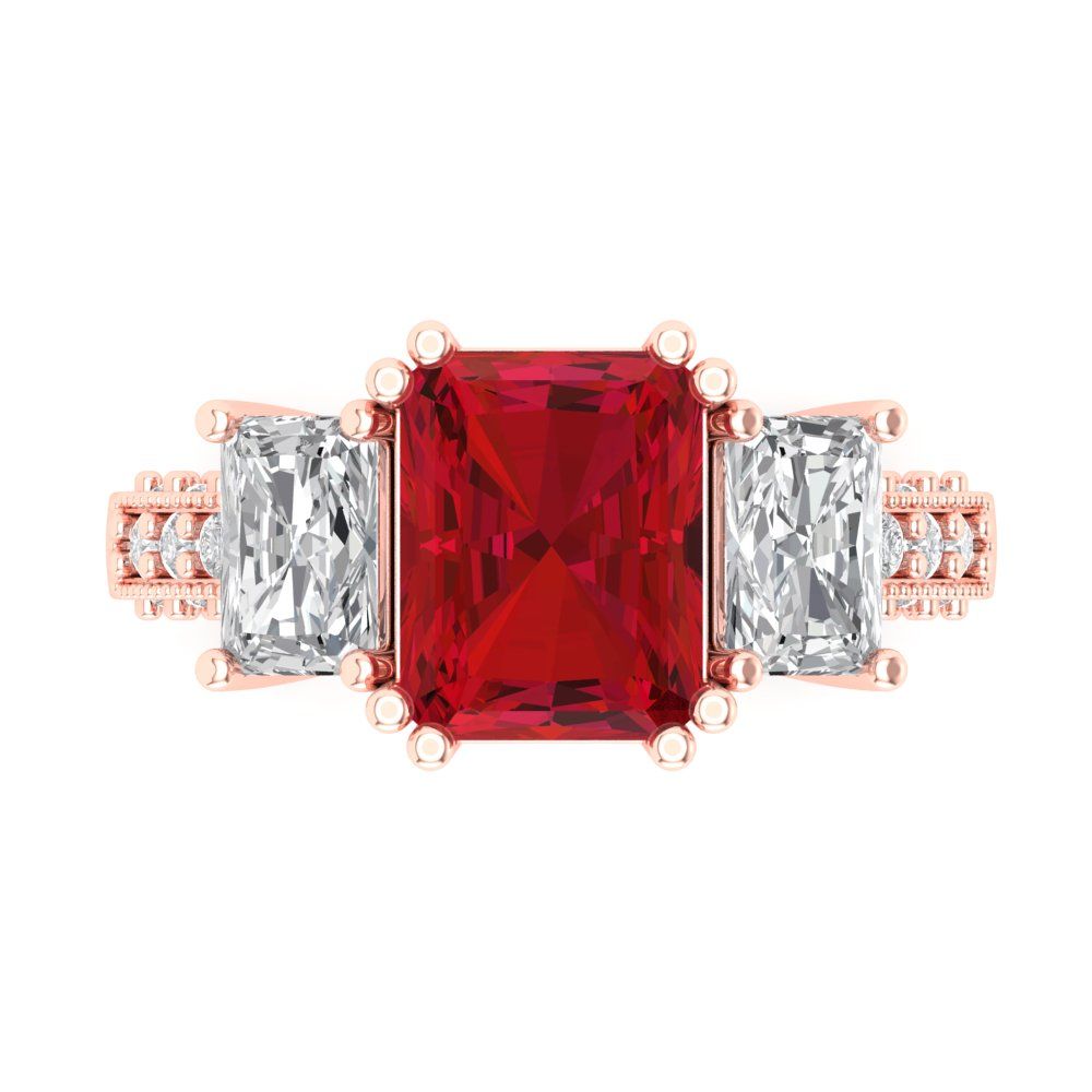 4.27 cttw Simulated Pink Tourmaline Three-Stone Engagement Ring - Solid Gold (Emerald Cut,9x7mm)