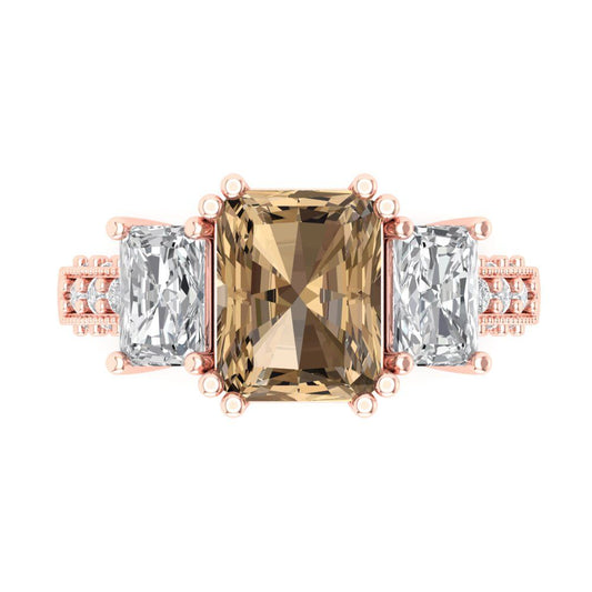 4.27 cttw Zirconia Simulated Champagne Diamond Three-Stone Engagement Ring - Solid Rose Gold (VVS1, Emerald Cut,9x7mm)