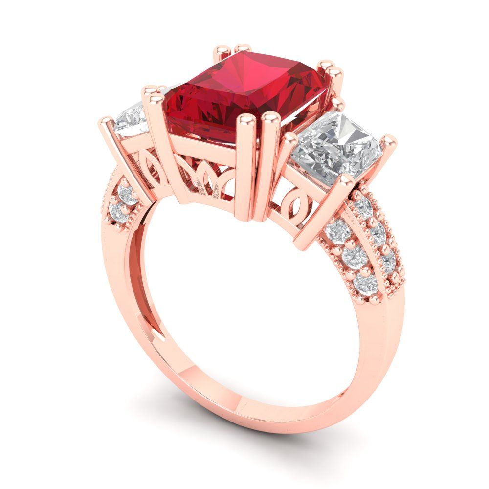 4.27 cttw Simulated Pink Tourmaline Three-Stone Engagement Ring - Solid Gold (Emerald Cut,9x7mm)
