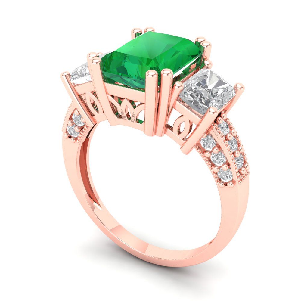 4.27 cttw Simulated Emerald Three-Stone Engagement Ring - Solid Gold (Emerald Cut,9x7mm)