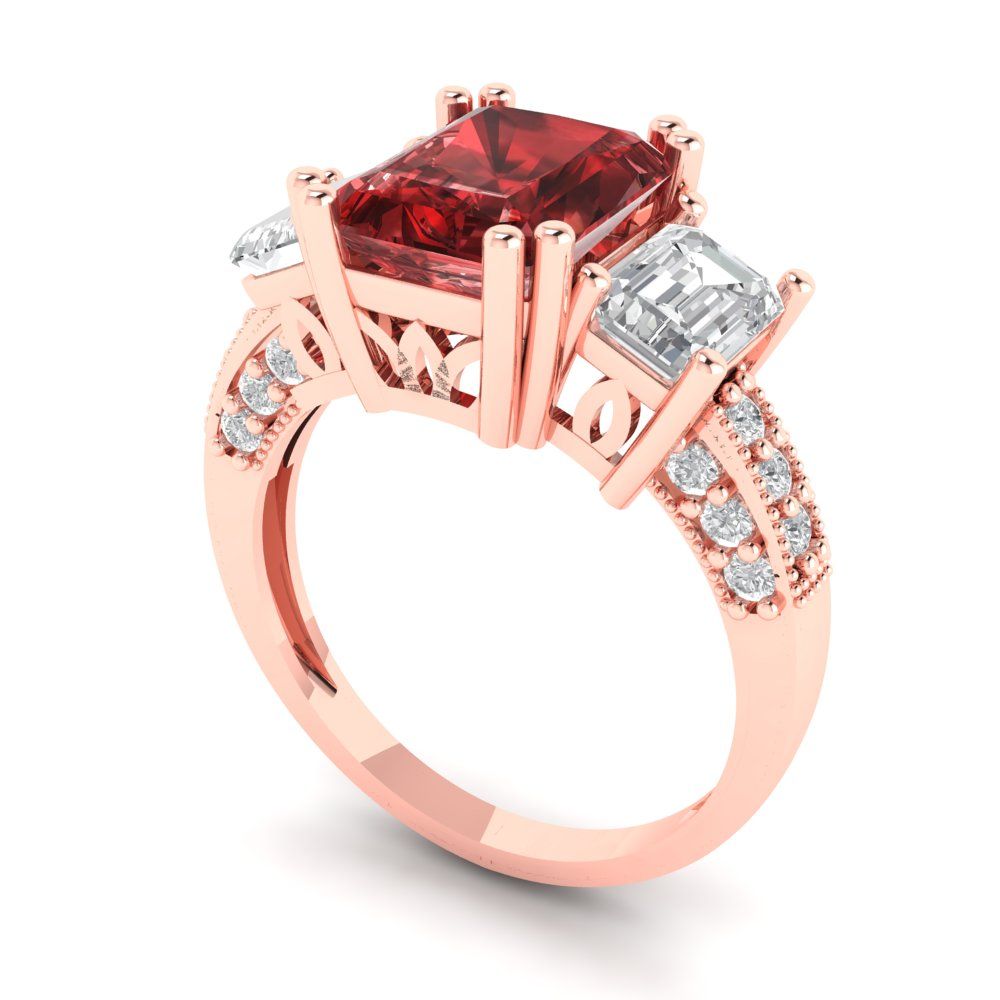 4.27 cttw Natural Garnet Three-Stone Engagement Ring - Solid Gold (Emerald Cut,9x7mm)