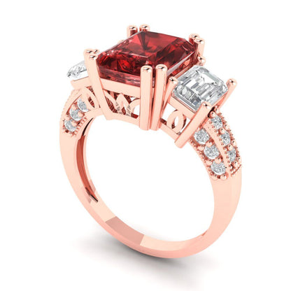 4.27 cttw Natural Garnet Three-Stone Engagement Ring - Solid Gold (Emerald Cut,9x7mm)