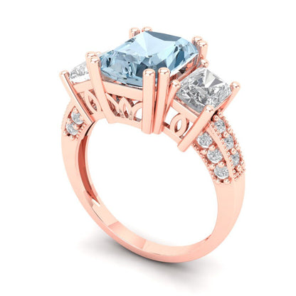 4.27 cttw Natural Sky Blue Topaz Three-Stone Engagement Ring - Solid Gold (Emerald Cut,9x7mm)