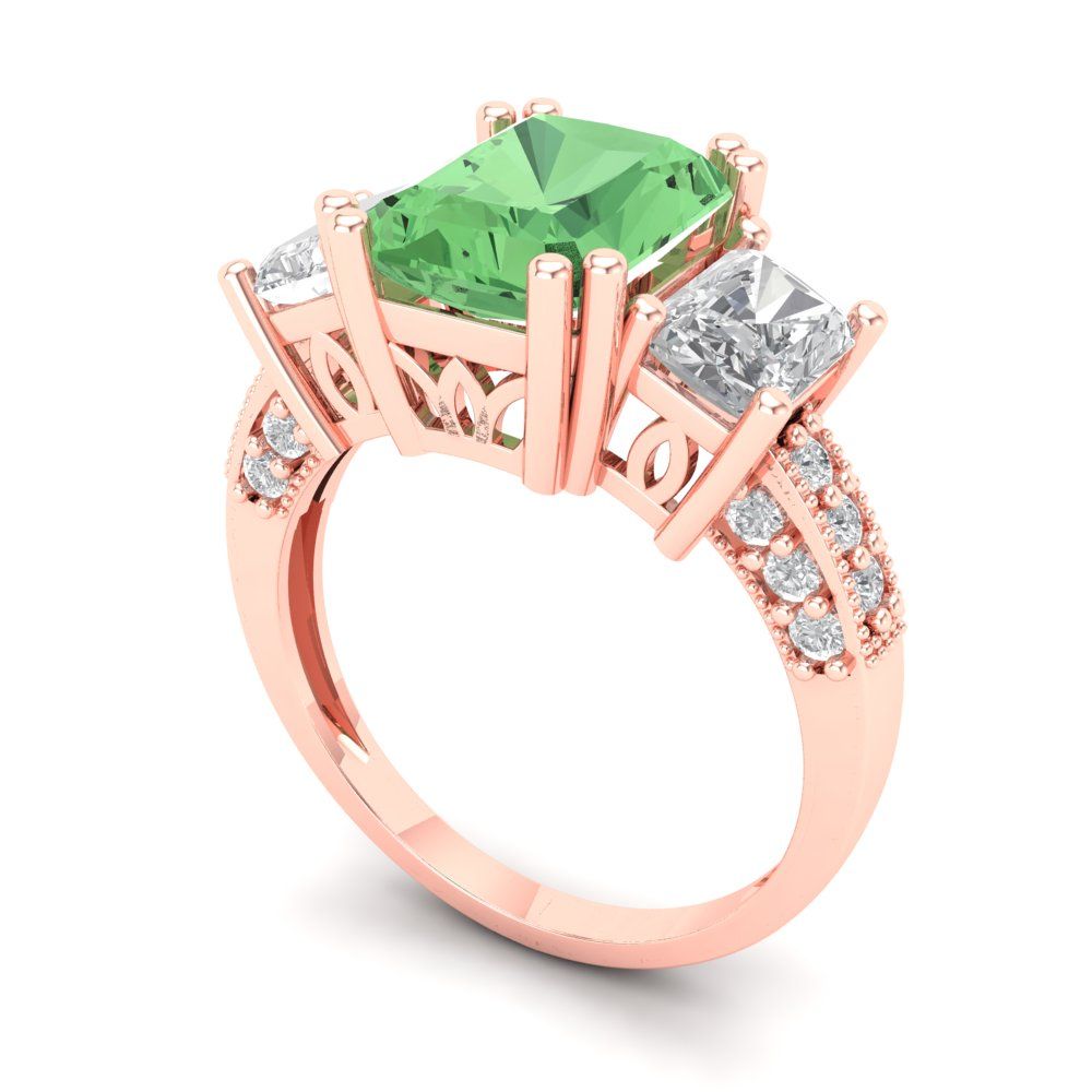 4.27 cttw Zirconia Simulated Green Diamond Three-Stone Engagement Ring - Solid Gold (VVS1, Emerald Cut,9x7mm)